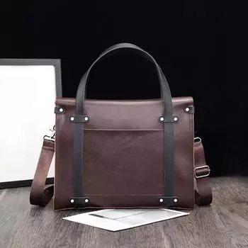 Новая корейская версия мужского делового портфеля, горизонтальная кожаная сумка Crazy Horse, водонепроницаемая и износостойкая сумка через плечо 38.5cm*11cm*31cm темно-коричневого