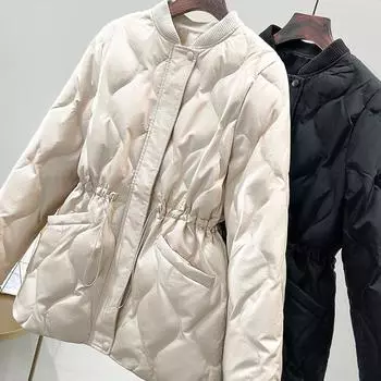 Новая корейская версия пуховика женская средняя и длинная тонкая и тонкая завязка с ромбовидным воротником-стойкой модное зимнее пальто S чёрный