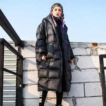Новая корейская зимняя однотонная с капюшоном и длинными рукавами черная теплая свободная куртка с хлопковой подкладкой большого размера, женские парки, модные One Size чёрный