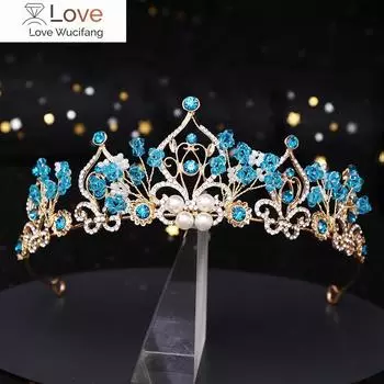 Новая корона принцессы с цветочным жемчугом и синим кристаллом, свадебная диадема, свадебный тиара, украшение для волос, свадебные аксессуары для волос