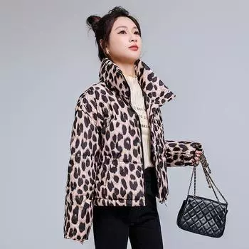 Новая короткая стеганая куртка с принтом леопарда, свободная и утолщенная стеганая куртка с воротником-стойкой на зиму S 90-60 kg цветной печати леопарда