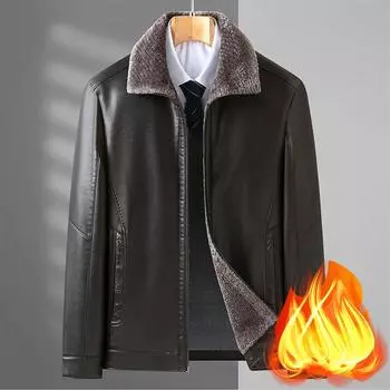 Новая кожаная куртка для мужчин с бархатом и утолщенной мужской меховой курткой среднего возраста со встроенными зимними лацканами, теплая кожаная куртка M чёрный