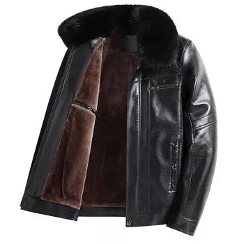 Новая кожаная куртка для мужчин с бархатом и утолщением для мужчин среднего и пожилого возраста с меховой вставкой, зимняя теплая кожаная куртка с отворотом для папы 170
