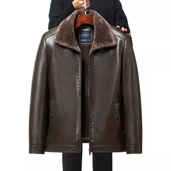 Новая кожаная куртка для мужчин с бархатом и утолщением для мужчин среднего и пожилого возраста с меховой вставкой, зимняя теплая кожаная куртка с отворотом для папы 170