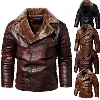 Новая кожаная куртка для мужчин с диагональной молнией, английская джентльменская куртка с воротником из флиса и ПУ-образным вырезом L