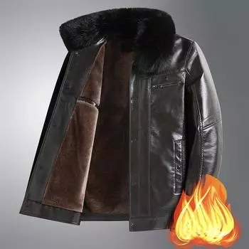 Новая кожаная куртка, мужская бархатная утолщенная мужская меховая зимняя теплая кожаная куртка с лацканами M чёрный