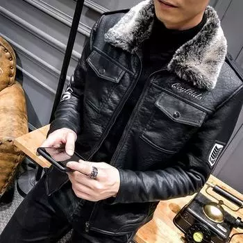Новая кожаная куртка мужская меховая интегрированная куртка из искусственной кожи мотоциклетная куртка мужская утолщенная кожаная куртка M