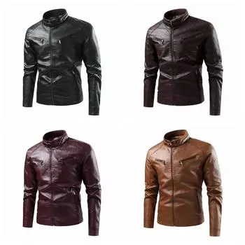 Новая кожаная куртка мужская осенне-зимняя однотонная куртка для велоспорта из искусственной кожи M чёрный