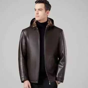 Новая кожаная куртка мужская повседневная короткая кожаная куртка для папы среднего возраста кожаная куртка с капюшоном зимняя меховая цельная куртка 170