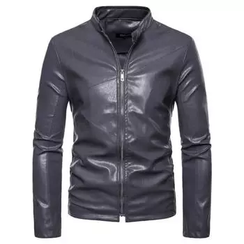 Новая кожаная куртка с лацканами, мужская куртка из искусственной кожи с отделкой воротника на молнии, кардиган, однотонная кожаная мужская куртка M серый