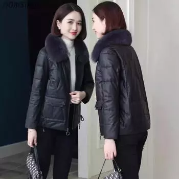 Новая кожаная куртка с воротником из меха лисы, небольшая утолщенная овчина, кожаный пуховик, женская меховая короткая зимняя куртка M