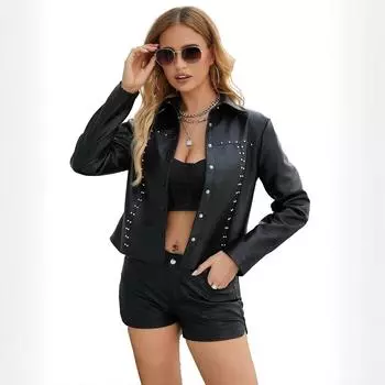 Новая кожаная куртка с заклепками, кардиган, кожаная куртка на пуговицах, европейская и американская мода, популярная тонкая куртка, женская одежда S
