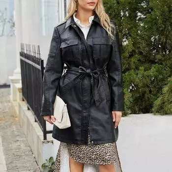 Новая кожаная куртка средней длины с поясом, женский кожаный плащ с длинными рукавами, модное британское пальто M красный