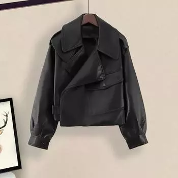Новая кожаная куртка в гонконгском стиле, женская свободная короткая кожаная куртка, женская повседневная куртка большого размера в стиле локомотива, модная весна L (recommended within 90-52.5kg) чёрный