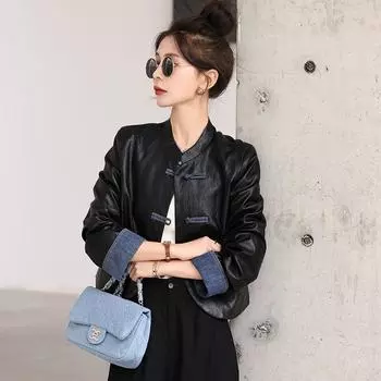 Новая кожаная куртка в китайском стиле для женщин, весна, новый стиль, национальный стиль, пряжка, дизайн, темперамент, утягивающий короткий топ M