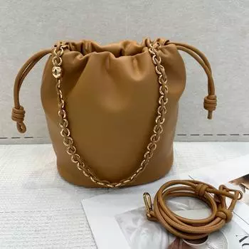 Новая кожаная сумка на завязку Lucky Bag, модная сумка-ведро с цепочкой, повседневная плиссированная сумка через плечо из коровьей кожи для женщин 22x16x25cm серый