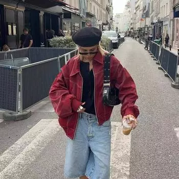 Новая кожаная свободная куртка женская осень-зима на молнии с длинным рукавом бейсбольные пальто S красный