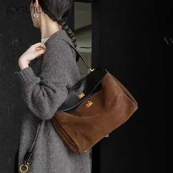 Новая кожаная высококачественная женская повседневная сумка-тоут с большой вместимостью, универсальная сумка через плечо в стиле ретро 35x13x24cm темно-коричневого