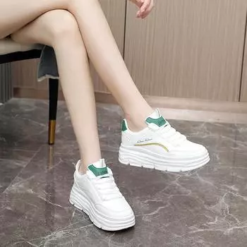 Новая кожаная женская обувь. Маленькие белые туфли. Толстая подошва. Повышенная внутренняя высота. Модная повседневная обувь. Модная женская обувь. 34