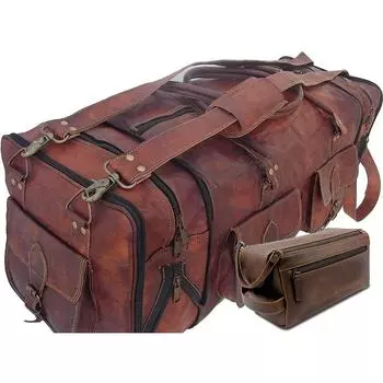 Новая КОЖАНАЯ СУМКА С СУМОЧКОЙ ДЛЯ ПУТЕШЕСТВИЯ, С КРАСИВЫМИ ТУАЛЕТНЫМИ ПРИНАДЛЕЖАМИ И ОТЛИЧНОЙ СУМКОЙ коричневый