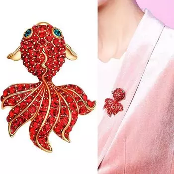 Новая красная брошь в виде золотой рыбки со стразами для женщин, булавка для пальто и костюма, модная бижутерия, милый подарок