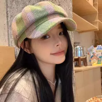 Новая красочная клетчатая женская корейская модная шляпа с изображением лица, маленькая ретро-шляпа художника, осенне-зимняя, большая окружность головы, восьмиугольная шляпа M (56-58cm) Letter mark B octagonal beret