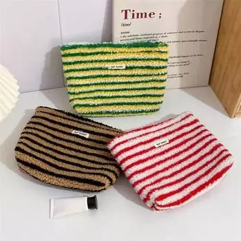 Новая красочная полосатая плюшевая косметичка-клатч, косметичка большой вместимости, косметичка, сумка для туалетных принадлежностей, для путешествий, хранения косметики на открытом воздухе