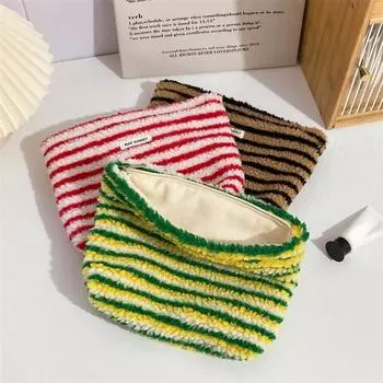 Новая красочная полосатая плюшевая косметичка-клатч, косметичка большой вместимости, косметичка, сумка для туалетных принадлежностей, для путешествий, хранения косметики на открытом воздухе