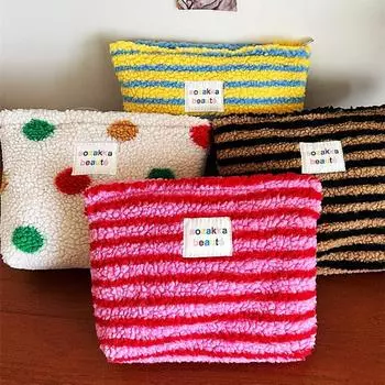 Новая красочная полосатая плюшевая косметичка в горошек, большая вместительная косметичка, сумка для туалетных принадлежностей, дорожная сумка для хранения косметики на открытом воздухе