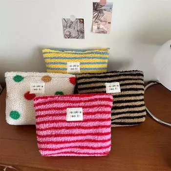 Новая красочная полосатая плюшевая косметичка в горошек, большая вместительная косметичка, сумка для туалетных принадлежностей, дорожная сумка для хранения косметики на открытом воздухе