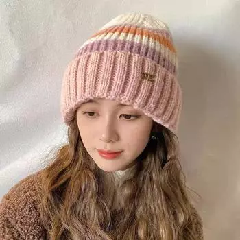 Новая красочная полосатая женская зимняя шапка, модная женская осенне-зимняя теплая парная вязаная шапка, тренд