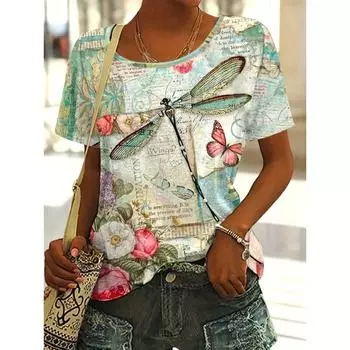 Новая креативная футболка с 3D-принтом в европейском и американском стиле, свободная повседневная тонкая базовая футболка с круглым вырезом и коротким рукавом для женщин S