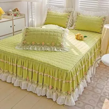 Новая кружевная юбка с рюшами по краям, комплект из трех предметов, однотонные стеганые простыни, защитный чехол для матраса, противоскользящее покрывало 150x200cm bed skirt