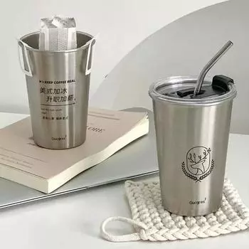 Новая кружка для кофе из нержавеющей стали с крышкой-соломинкой, переносная чашка для кофе, питья пива, молока, воды, ресторана, бара, вечеринки, 500 мл 500 ml
