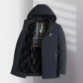 Новая куртка делового стиля для пап среднего и пожилого возраста со съемным капюшоном из бархата и утолщенного теплого хлопка 4XL чёрный