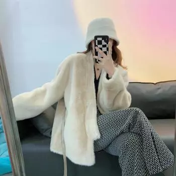 Новая куртка из экологического меха для женщин, длинный норковый пояс с имитацией меха норки, халат one size fits all темно-коричневого