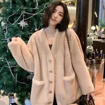 Новая куртка из европейской норки с высоким весом, женский кардиган из искусственного меха норки, с V-образным вырезом, ленивый, широкий S