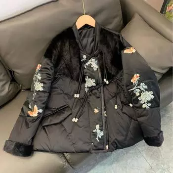 Новая куртка из гусиного пуха в китайском стиле, норковая шуба, меховая вышитая куртка-пуховик, женская короткая куртка S чёрный