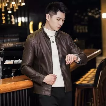 Новая куртка из искусственной кожи, мужская куртка, трендовая утягивающая универсальная весенне-осенняя мотоциклетная куртка с воротником-стойкой, мужская куртка, мужская куртка M