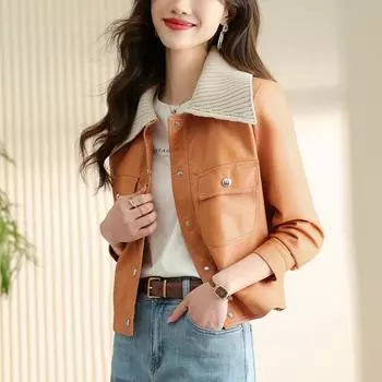 Новая куртка из натуральной кожи для женщин, яркий темперамент, облегающий крой, короткая куртка из овчины с отворотами M