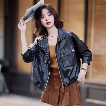 Новая куртка из натуральной кожи для женщин, простая куртка из овчины, короткая куртка с отворотом высокого класса M