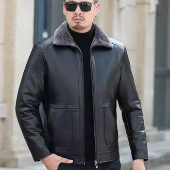 Новая куртка из натуральной кожи plus fat и увеличенного размера, мужская меховая куртка из овчины с отворотом среднего возраста, зимняя куртка M