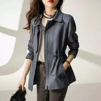 Новая куртка из натуральной кожи, женская короткая осенняя куртка из натуральной овчины с квадратным воротником, модная куртка в корейском стиле на шнурке S