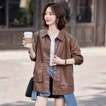 Новая куртка из овечьей кожи, женская, средней длины, в корейском стиле, свободная, модная, в западном стиле, с высоким лацканом, кожаная куртка M