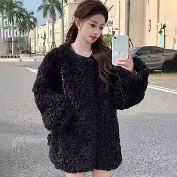 Новая куртка Mao Mao, черный вьющийся мех, экологически чистый мех, зимний утолщенный и хлопковый темперамент, повседневный топ из овечьей шерсти S80-52.5 kg чёрный