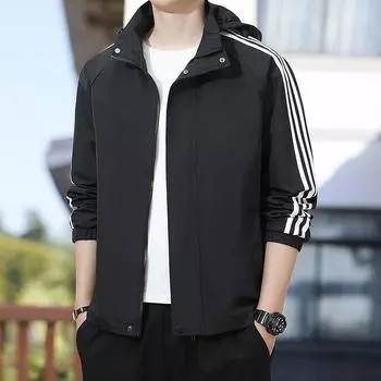 Новая куртка мужская осенняя куртка с капюшоном и тремя планками куртка повседневный тренчкот молодежная мода топ трендовый M чёрный