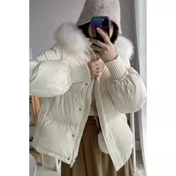 Новая куртка-пуховик из Южной Кореи, женская короткая свободная хлопковая куртка, зимнее маленькое хлопковое пальто, куртка из лисьего меха, парки S белый