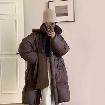 Новая куртка-пуховик на белом утином пуху национального стандарта 90 для женщин 2024 года, зимняя, средней и длинной длины, утепленная, свободная, с капюшоном, теплая куртка для хлеба S