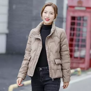 Новая куртка-пуховик с длинными рукавами, закрывающая живот, женская корейская версия, свободный воротник-стойка, модное зимнее пальто большого размера S хаки