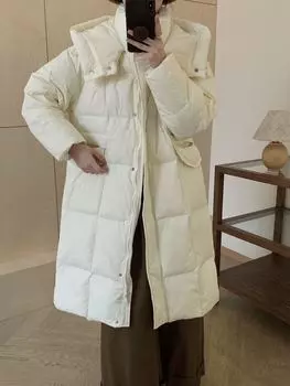 Новая куртка-пуховик женская средняя и длинная свободная с капюшоном выше колена маленькая иностранная куртка прилив S recommends within 62.5 kg чёрный